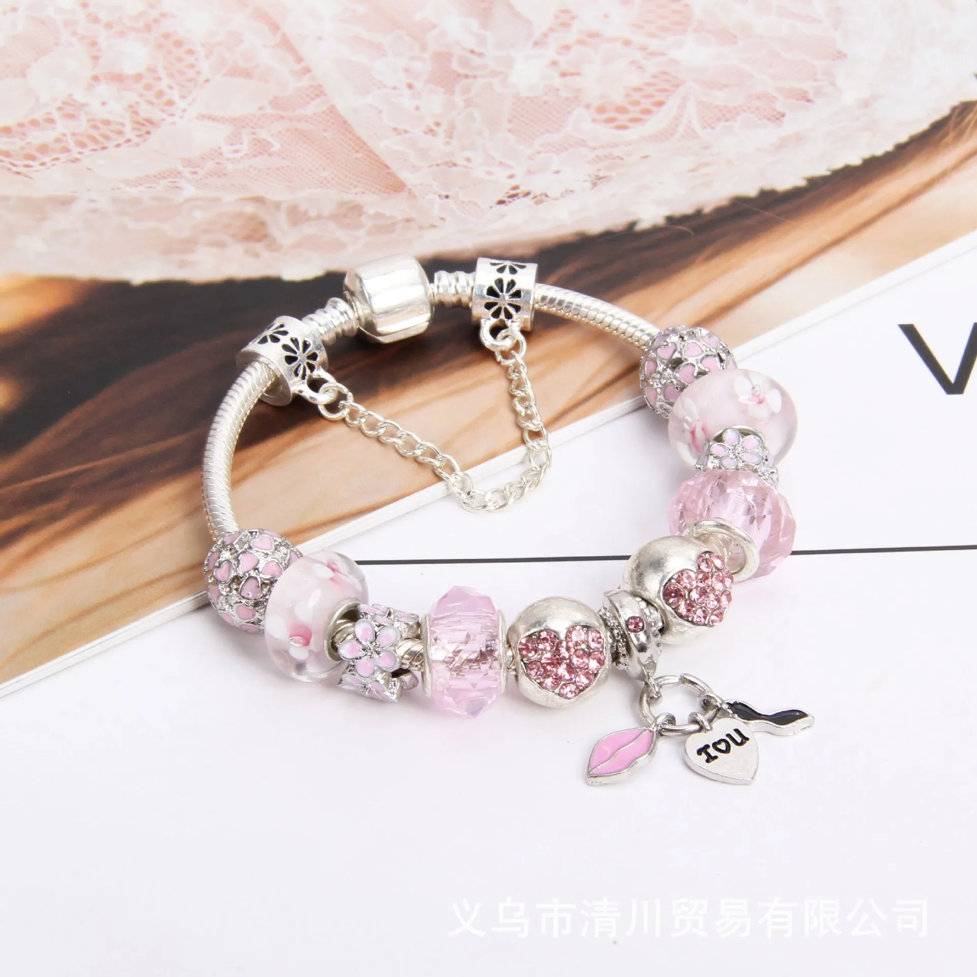Wholesale DIY Fashion Versatile Pink Ladies Crystal Diamond Beaded Bracelet (F) JDC-BT-QinC001