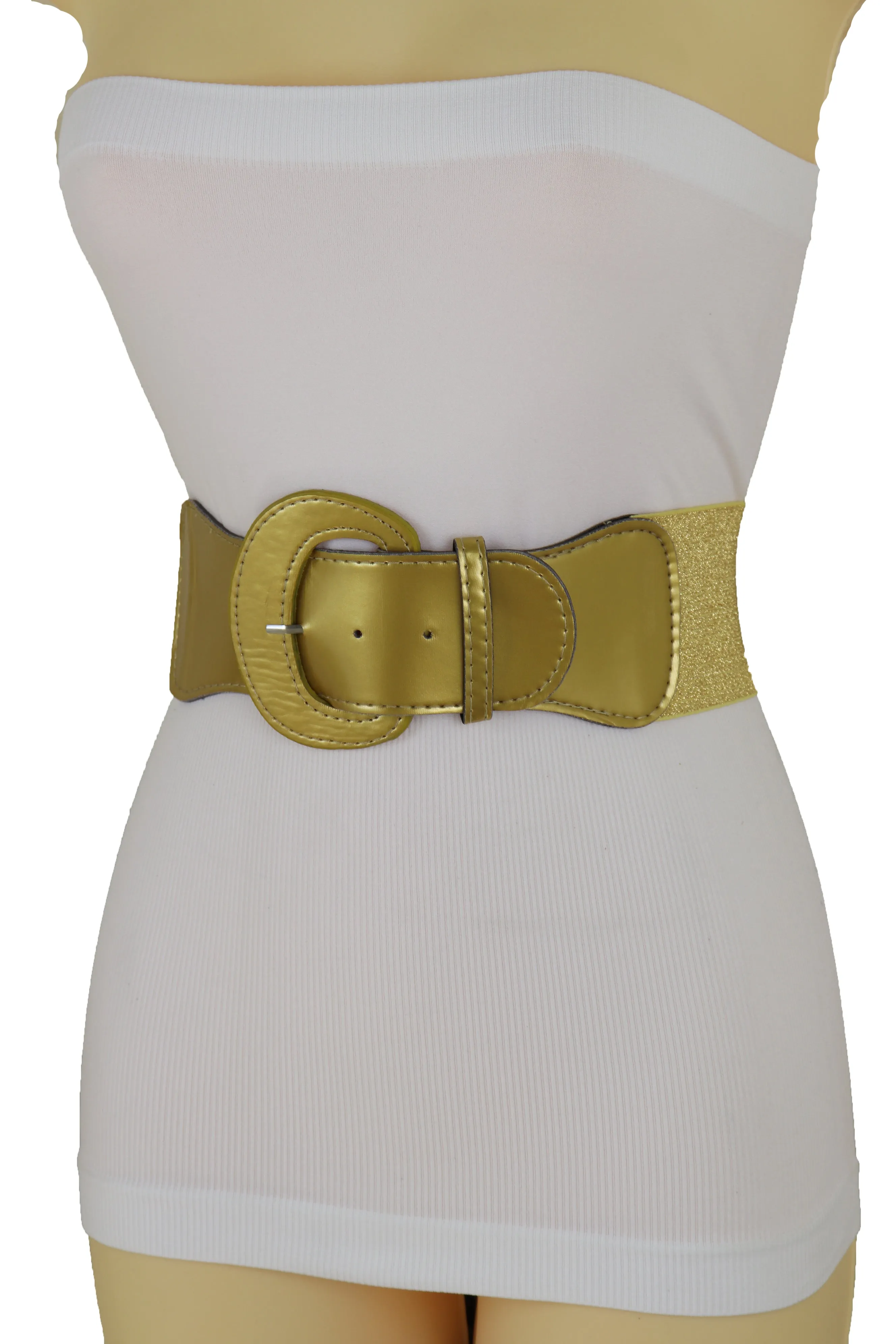 Women High Waist Hip Wide Elastic Gold Color Fashion Belt Big Buckle Adjustable Band Fits Size S M