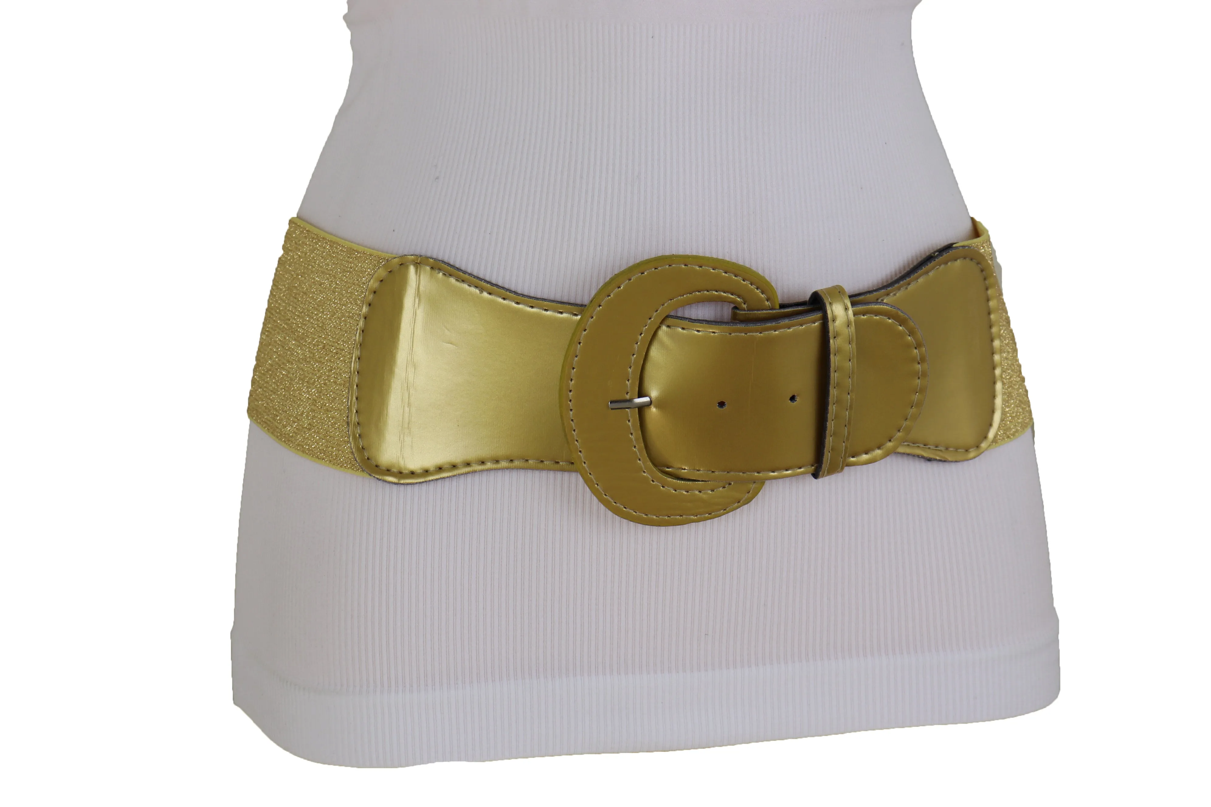 Women High Waist Hip Wide Elastic Gold Color Fashion Belt Big Buckle Adjustable Band Fits Size S M