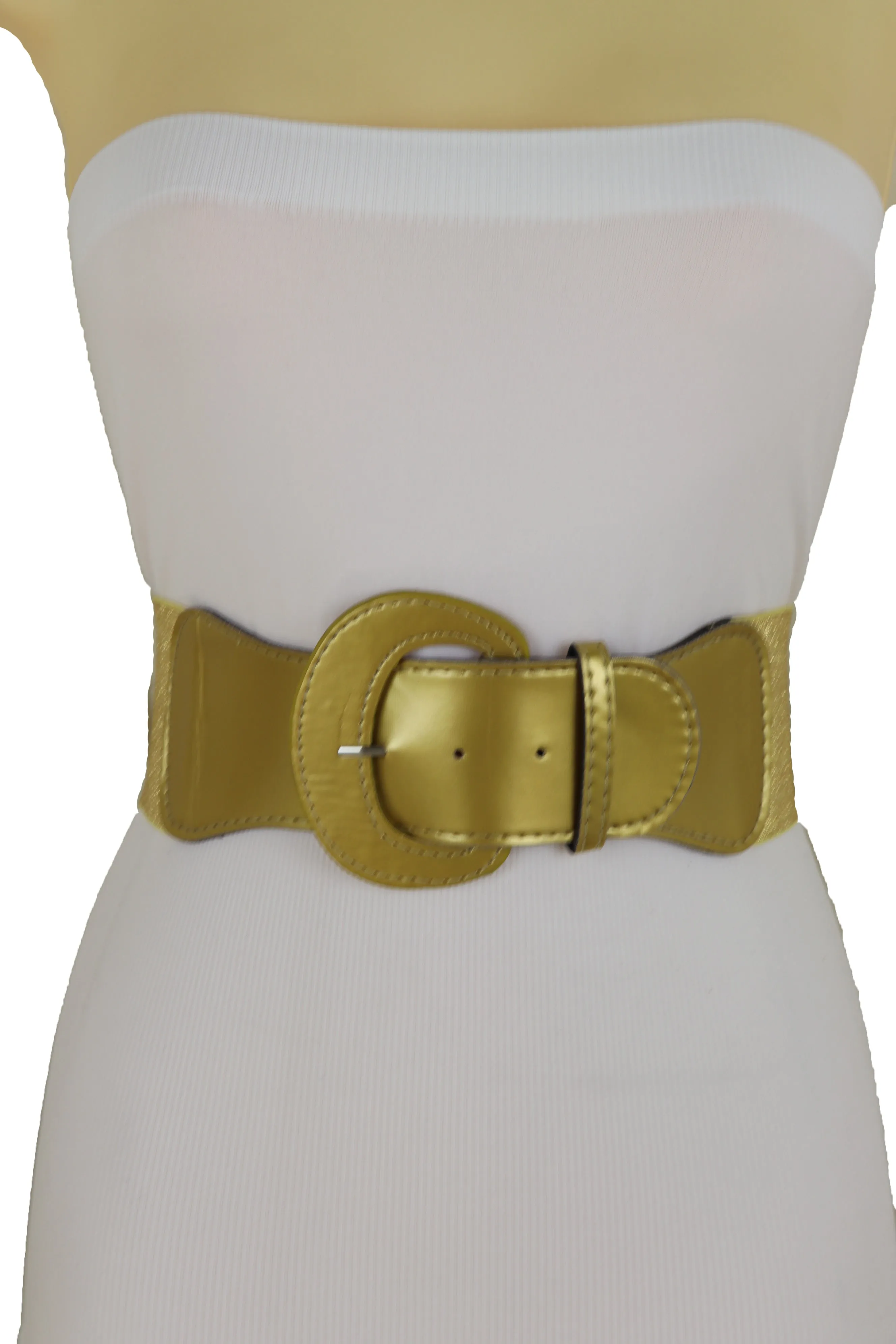 Women High Waist Hip Wide Elastic Gold Color Fashion Belt Big Buckle Adjustable Band Fits Size S M