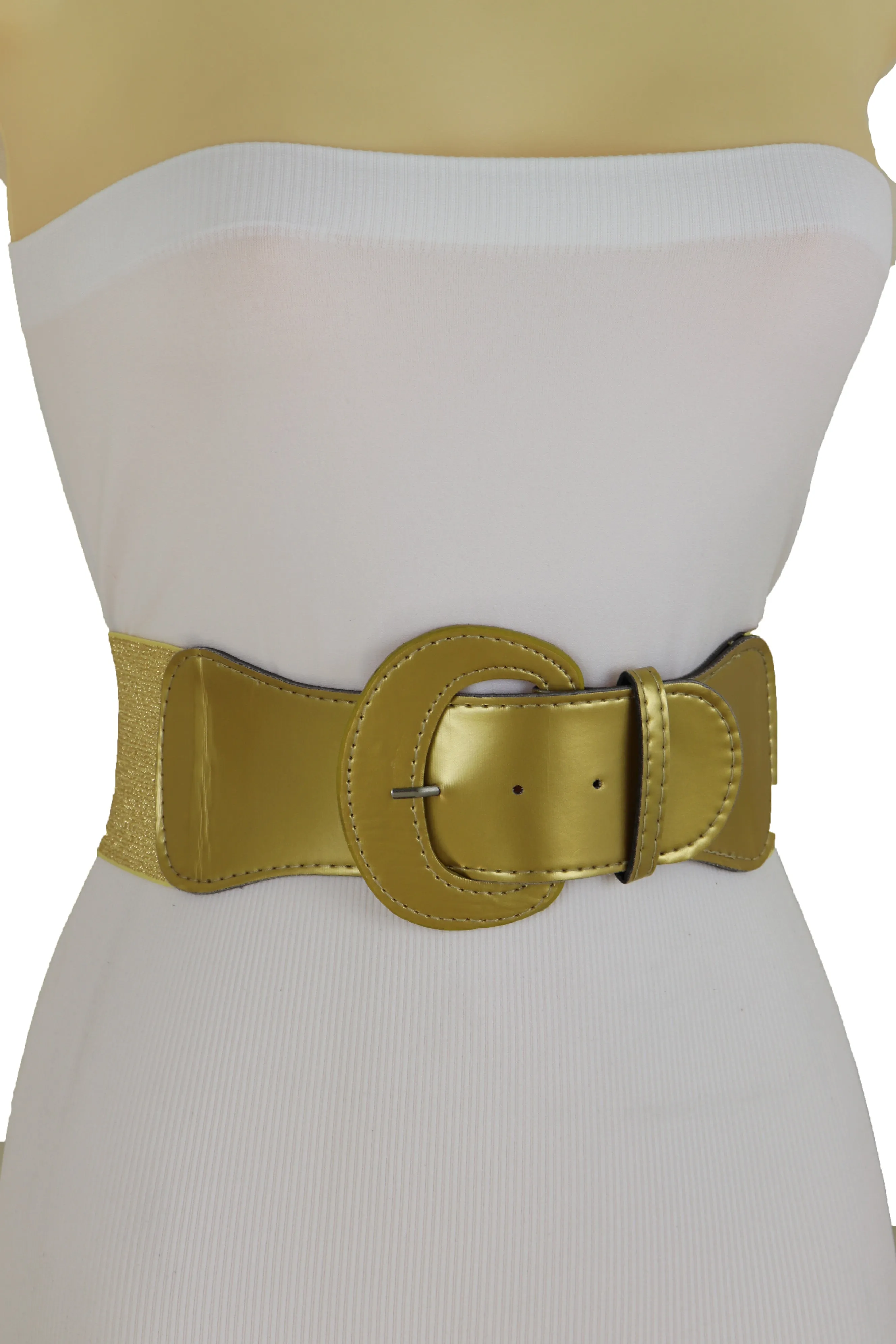 Women High Waist Hip Wide Elastic Gold Color Fashion Belt Big Buckle Adjustable Band Fits Size S M