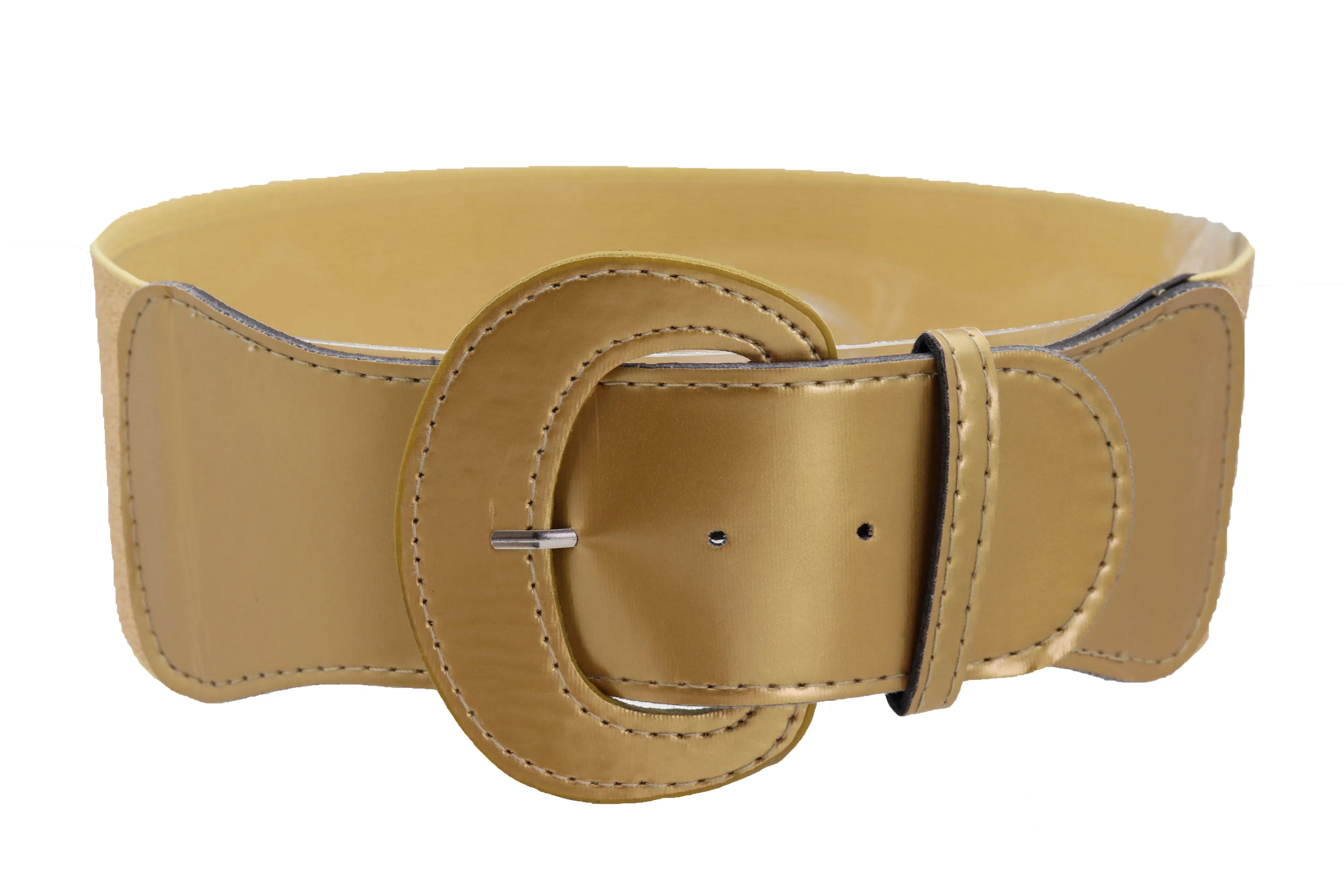 Women High Waist Hip Wide Elastic Gold Color Fashion Belt Big Buckle Adjustable Band Fits Size S M