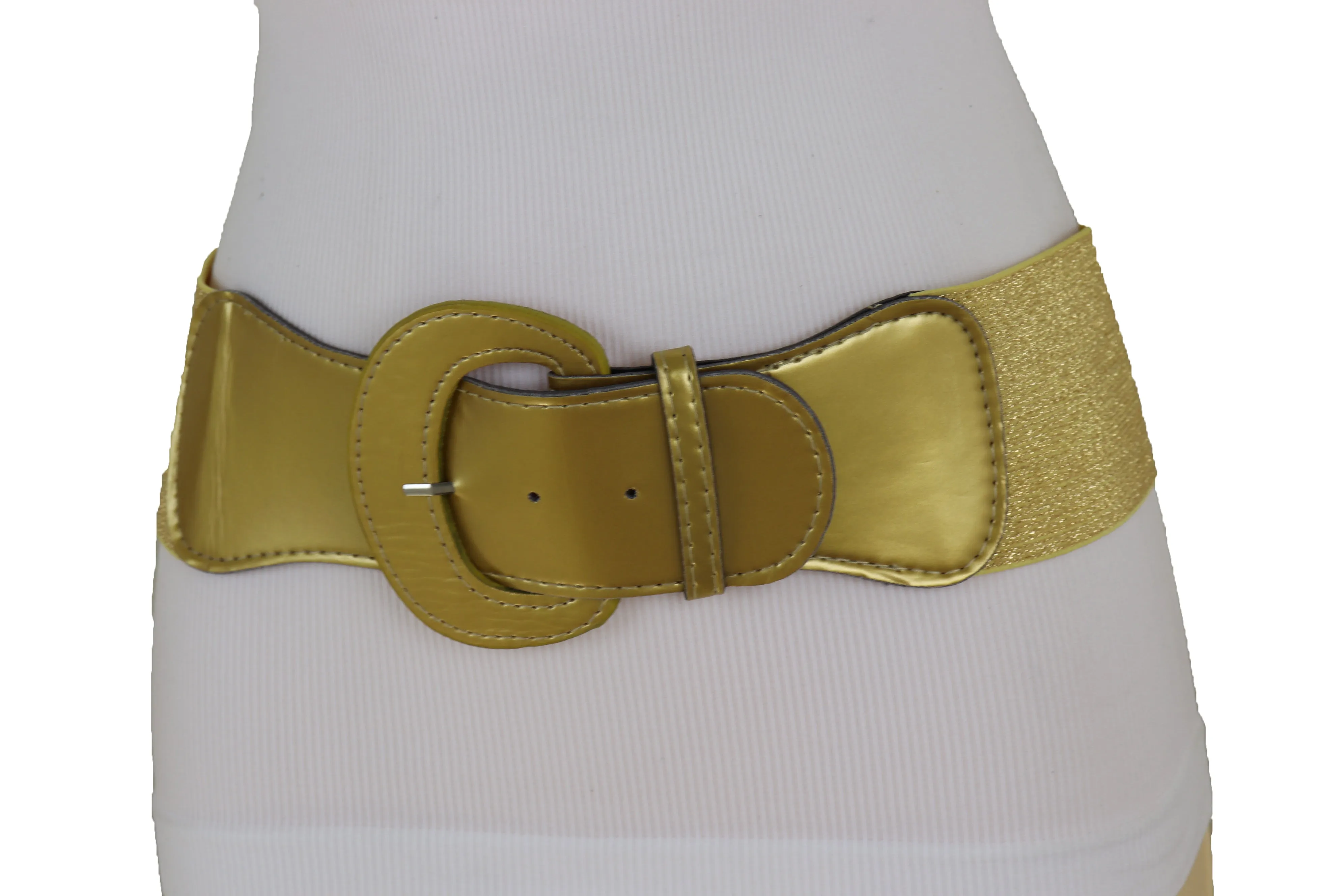 Women High Waist Hip Wide Elastic Gold Color Fashion Belt Big Buckle Adjustable Band Fits Size S M