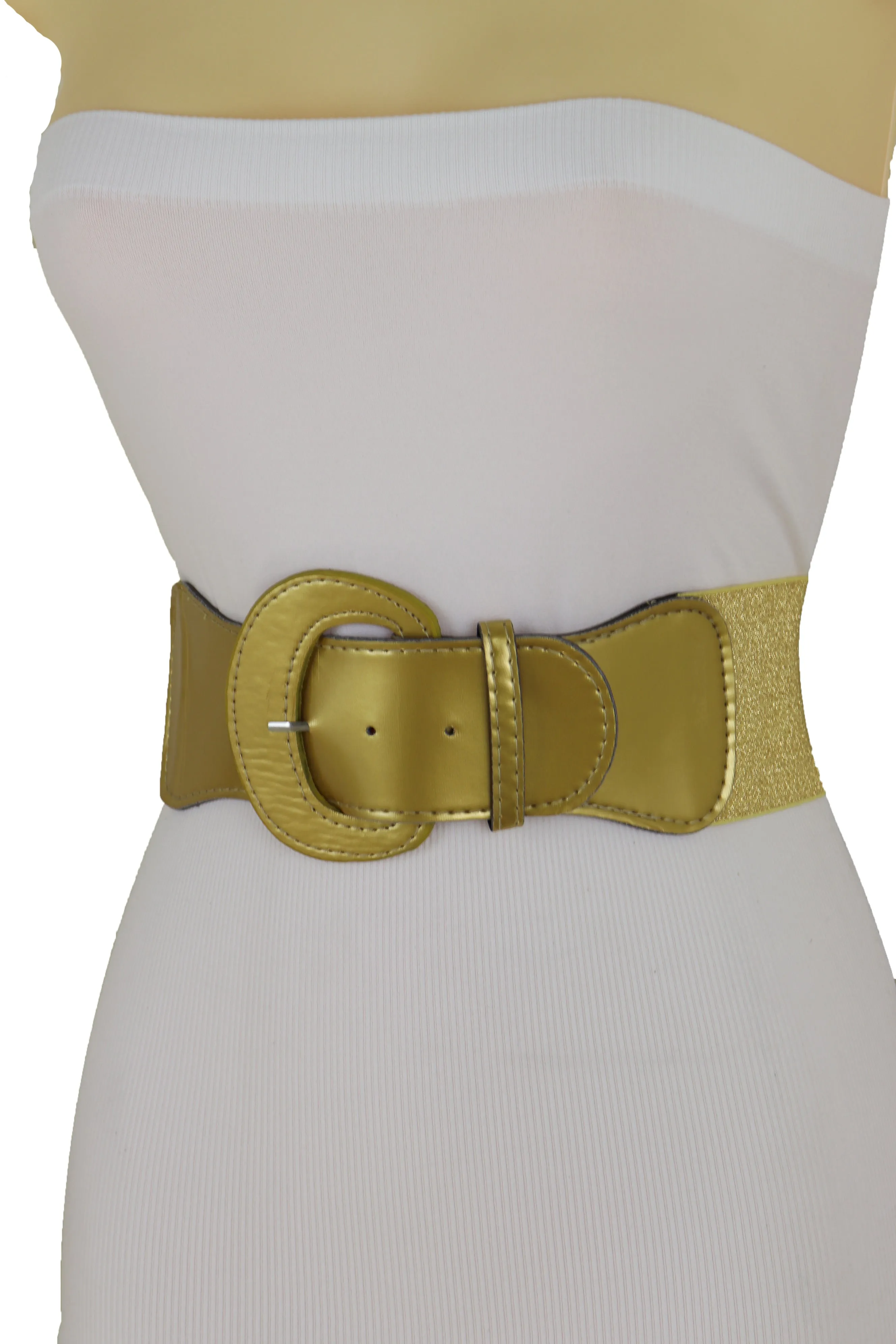 Women High Waist Hip Wide Elastic Gold Color Fashion Belt Big Buckle Adjustable Band Fits Size S M
